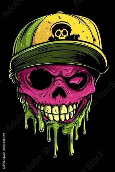 Fototapeta A vibrant illustration of a skull wearing a baseball cap, with dripping slime, set against a black background.