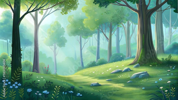 Fototapeta A serene and colorful digital painting of a forest path.