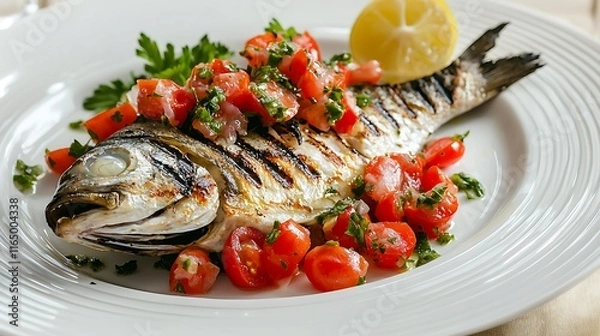 Fototapeta A fish is on a white plate with a side of tomatoes and parsley