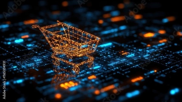 Fototapeta Digital shopping cart on a data network background.