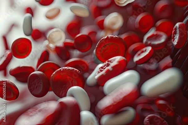 Fototapeta Blood cells floating through a plasma-filled vessel with reflections and detailed biological structures