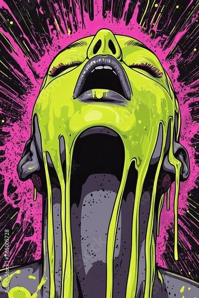 Fototapeta Abstract illustration of a woman's face with vibrant lime green paint dripping down.  Her expression is one of ecstasy or pain.
