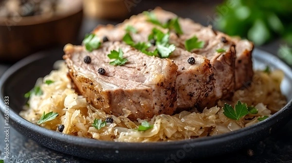 Fototapeta A close-up shot of a hearty plate of sauerkraut and pork, featuring tender slices of pork roast resting on a bed of tangy, golden sauerkraut, garnished with fresh parsley and cracked black pepper,