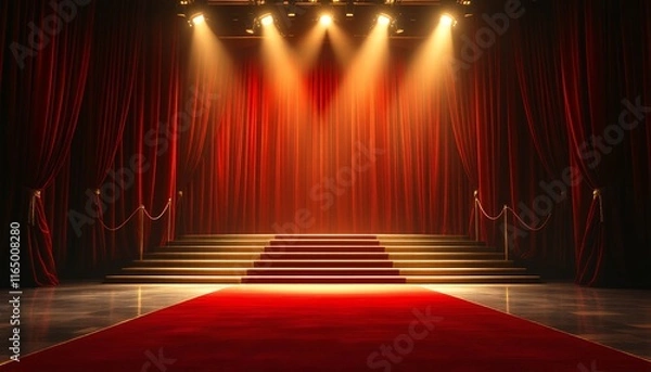 Obraz Red Carpet Stage with Dramatic Lighting and Velvet Curtains