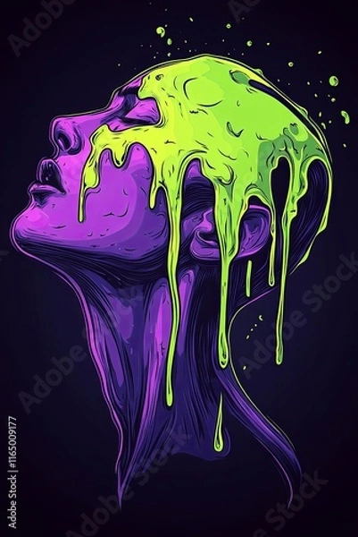 Fototapeta Abstract portrait of a woman with vibrant lime green and purple paint dripping down her face and head, set against a dark background.