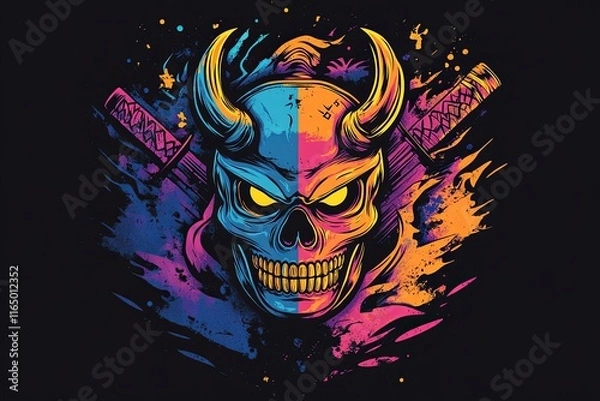 Fototapeta Colorful skull illustration with horns and crossed katanas, vibrant pop art style.