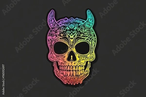 Fototapeta Colorful skull with horns and intricate floral design on dark background.