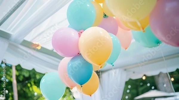 Obraz Pastel-colored balloons floating above a white tent setup for an outdoor party.