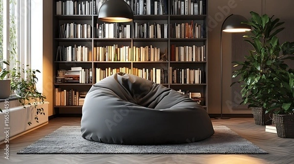 Fototapeta A modern bean bag chair in muted colors set next to a sleek, minimalist bookshelf, soft ambient lighting from a pendant lamp overhead creating a tranquil evening reading atmosphere, hd quality,