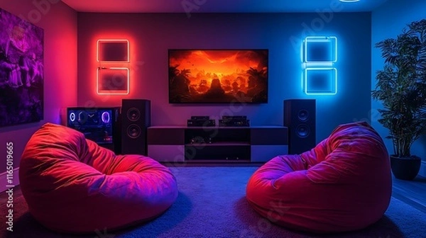 Obraz A sleek gaming lounge featuring a pair of matching bean bag chairs in front of a wall-mounted TV, glowing neon accents on the walls, a clean and organized console area, and soft carpeted flooring,