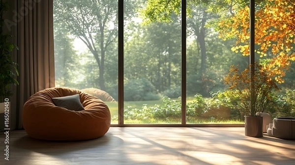Fototapeta A spacious modern room with a round bean bag chair next to a large window overlooking lush greenery, warm sunlight casting subtle patterns on the floor, and clean, contemporary decor, hd quality,