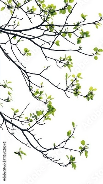 Fototapeta Delicate Branches with Emerging Spring Leaves: A Fresh and Vibrant Springtime Scene