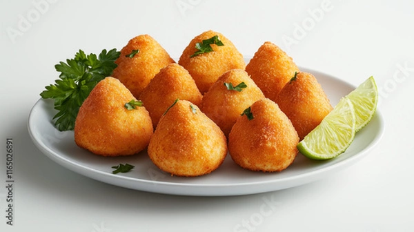 Fototapeta Plate of crispy coxinhas with parsley and lime on white background