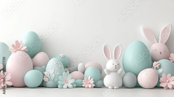 Fototapeta A cheerful and playful Easter scene featuring pastel eggs and bunny cookies, displayed on a smooth white background.