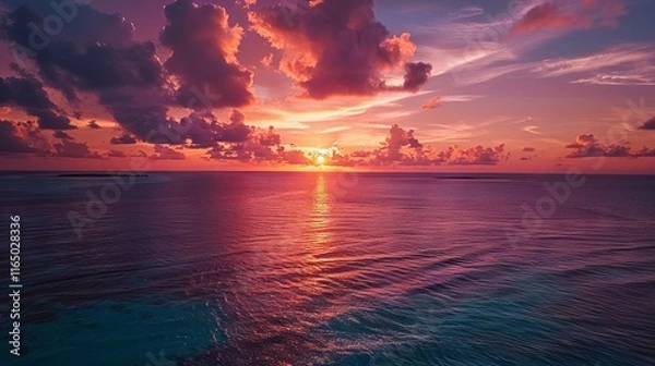 Fototapeta Mesmerizing golden sky reflecting across vibrant turquoise waters in the Maldives, creating a serene tropical paradise under a radiant sunset