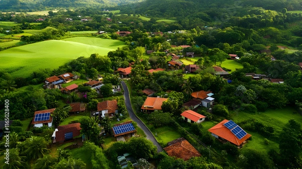 Obraz Aerial view of a green village with solar panels.