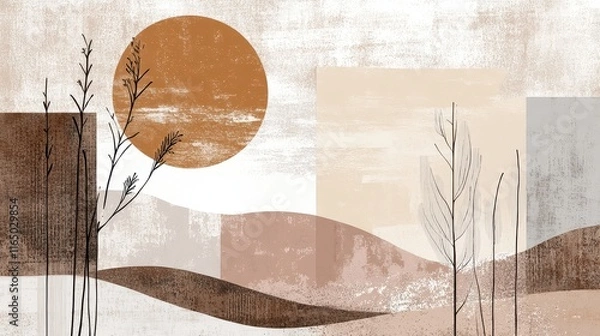 Obraz A minimalist artwork featuring abstract hills, a large sun, and soft earthy colors, evoking a serene landscape.