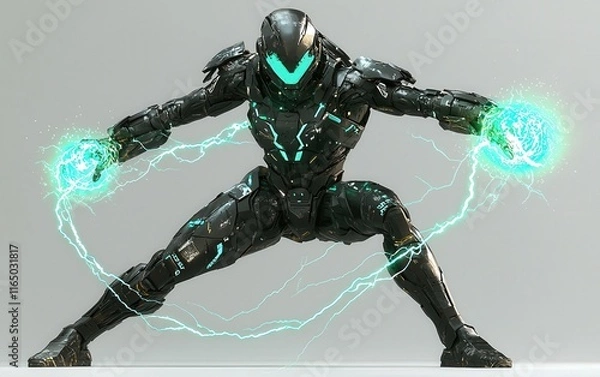 Obraz A futuristic cyborg warrior in a powerful black exoskeleton channels turquoise energy. Ideal for sci-fi games or film projects needing a formidable character.