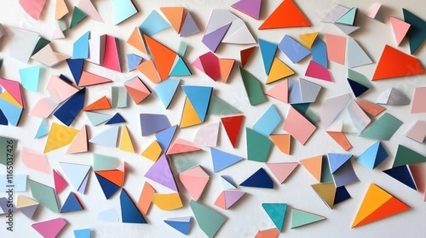 Fototapeta A whimsical confetti background featuring colorful paper pieces scattered on a soft white surface.