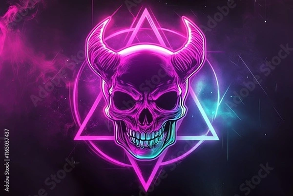 Fototapeta Neon pink devil skull in triangle and circle.