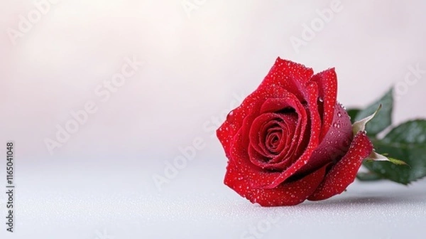 Fototapeta A single red rose with dew drops on a soft background.