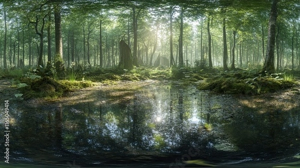 Fototapeta 360Â° HDRI Panorama of an Enchanted Forest for 3D Lighting and Reflection 
