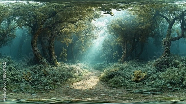 Fototapeta 360Â° HDRI Panorama of an Enchanted Forest for 3D Lighting and Reflection 