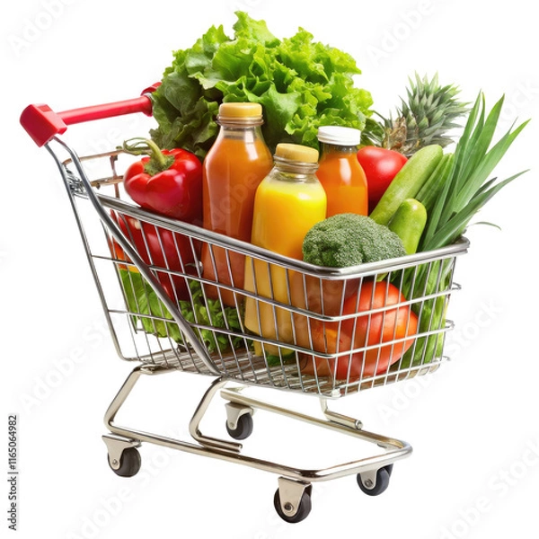 Fototapeta shopping cart with full of vegetables and bottle of juice isolated on transparent white background, clipping path