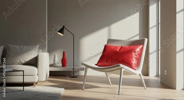 Obraz Modern living room with minimalist decor and red accents in natural light