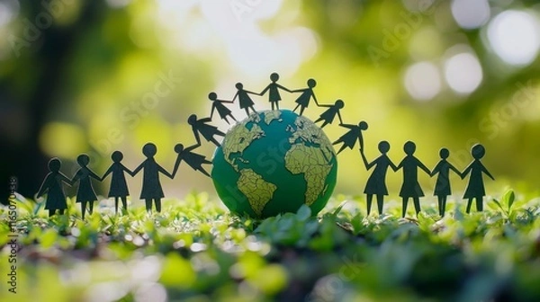 Obraz A creative representation of a diverse group of people holding hands around a globe, symbolizing unity and environmental consciousness.