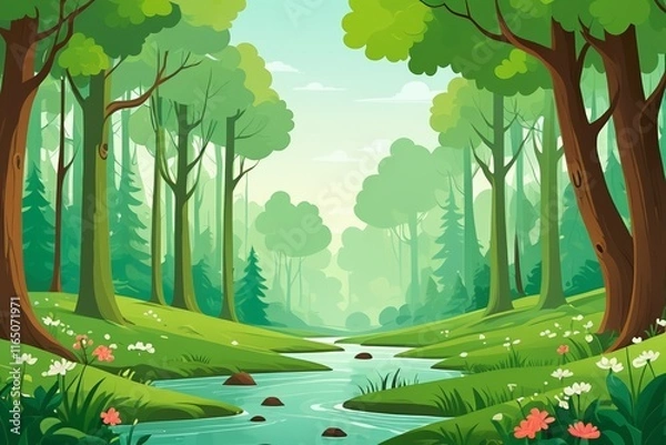 Obraz illustration of a cartoon forest with a river and trees