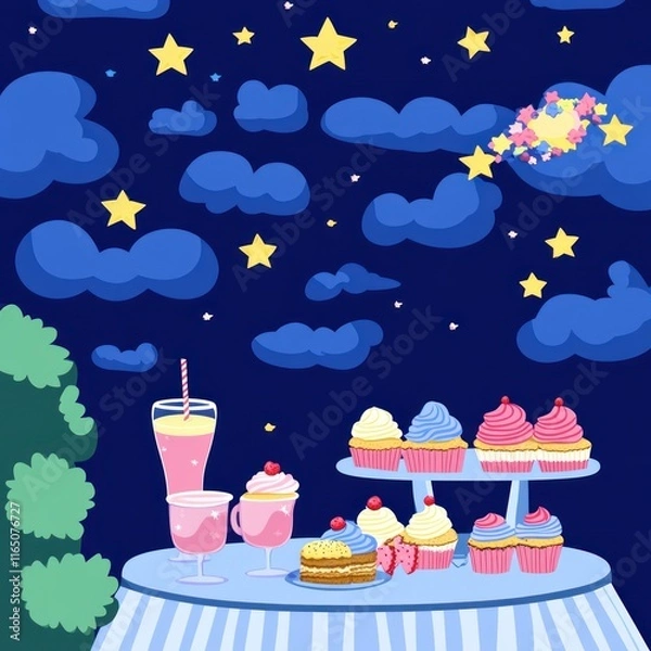 Fototapeta A whimsical dessert table under a starry sky, featuring colorful cupcakes and drinks.