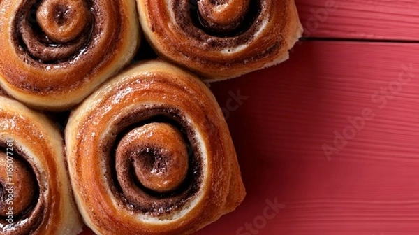Fototapeta A bunch of cinnamon buns sitting on top of a red table
