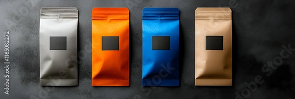 Fototapeta Colorful Pouches, Packaging Design Mockup,  Various Colors Arranged on Dark Surface for Branding Presentation