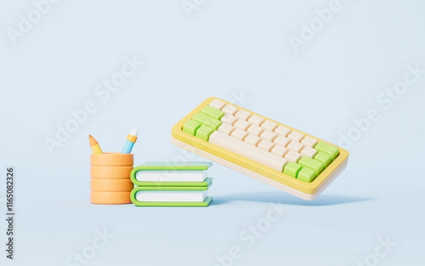 Fototapeta Cartoon style keyboard and books in blue background,3d rendering