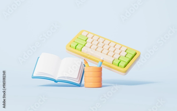 Fototapeta Cartoon style keyboard and books in blue background,3d rendering