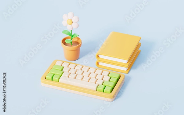 Fototapeta Cartoon style keyboard and books in blue background,3d rendering
