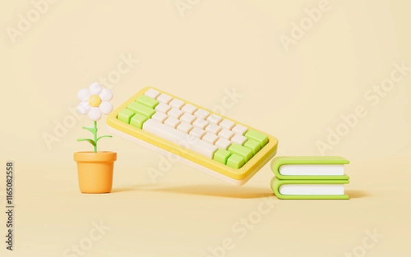 Fototapeta Cartoon style keyboard and books in yellow background,3d rendering