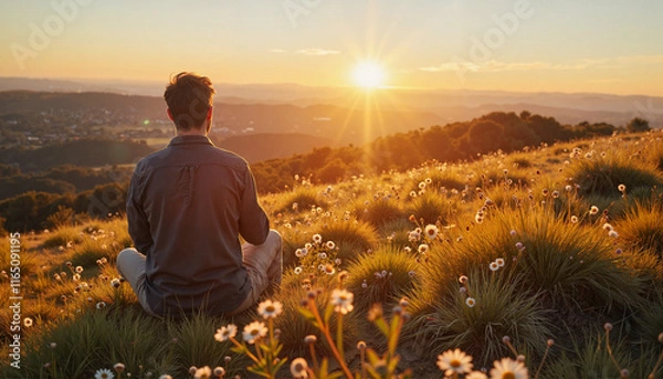 Fototapeta Man meditating at sunset in a flower-filled field with scenic landscape