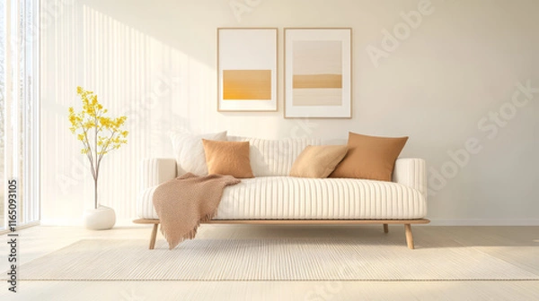 Fototapeta Modern living room with cozy sofa and warm decor in bright sunlight