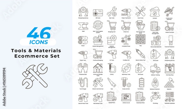 Fototapeta A set of line icons related to Tools and Materials eCommerce Icons.  alert, asphalt, attention, barrier, bright, building, business, carry, cart, and so on others.