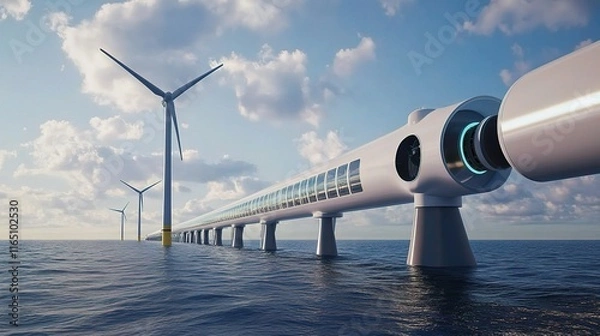 Fototapeta Hydrogen Pipeline Running Alongside Wind Turbines in Ocean Setting