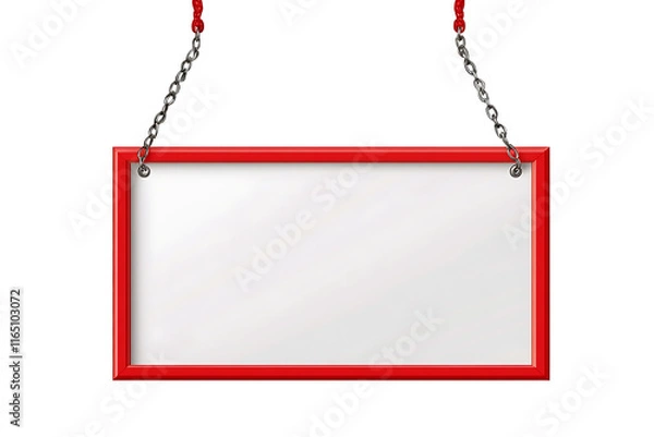 Fototapeta A blank white hanging sign with a red frame, suspended on chains, against, isolated on a transparent background.