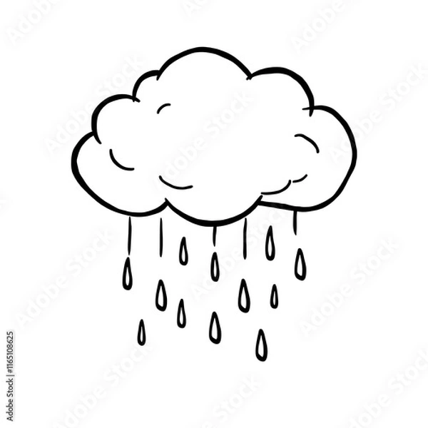 Obraz A thick-lined doodle of a cloud with raindrops falling from it, drawn in bold outlines with no fill color, placed on a plain white background.


