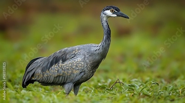Fototapeta A grey bird with a long neck and a white face stands in a green grassy field.