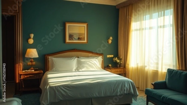 Fototapeta Luxury Hotel Room with Teal Walls and Sunlight Streaming Through Sheer Curtains