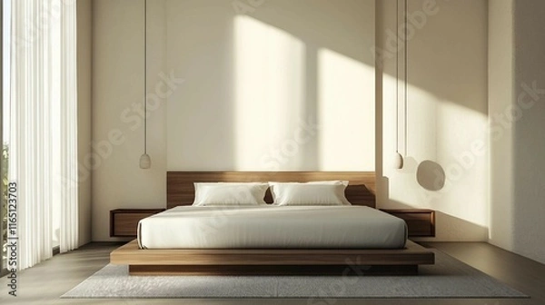 Fototapeta Minimalist Bedroom with Platform Bed and Modern Design