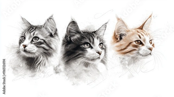 Fototapeta Portraits of Three Distinct Cat Breeds with Artistic Watercolor Splashes