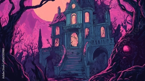 Fototapeta Creepy haunted house in a dark forest at night.