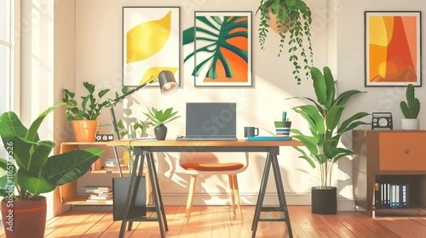 Fototapeta Contemporary Home Office with Laptop and Simple Decor